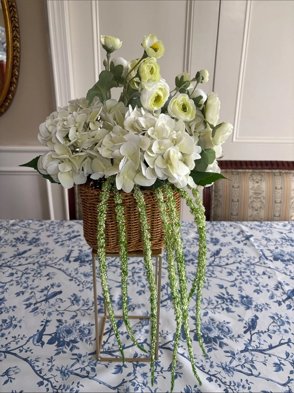 Woven Basket Floral Arrangement with White Hydrangeas and Green Accents